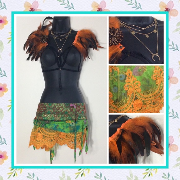 🎀 8PC TWIN FESTIVAL GOGO SKIRT FEATHER NECKLACE PERFORMANCE DANCER FAIRY ELF - Picture 3 of 8